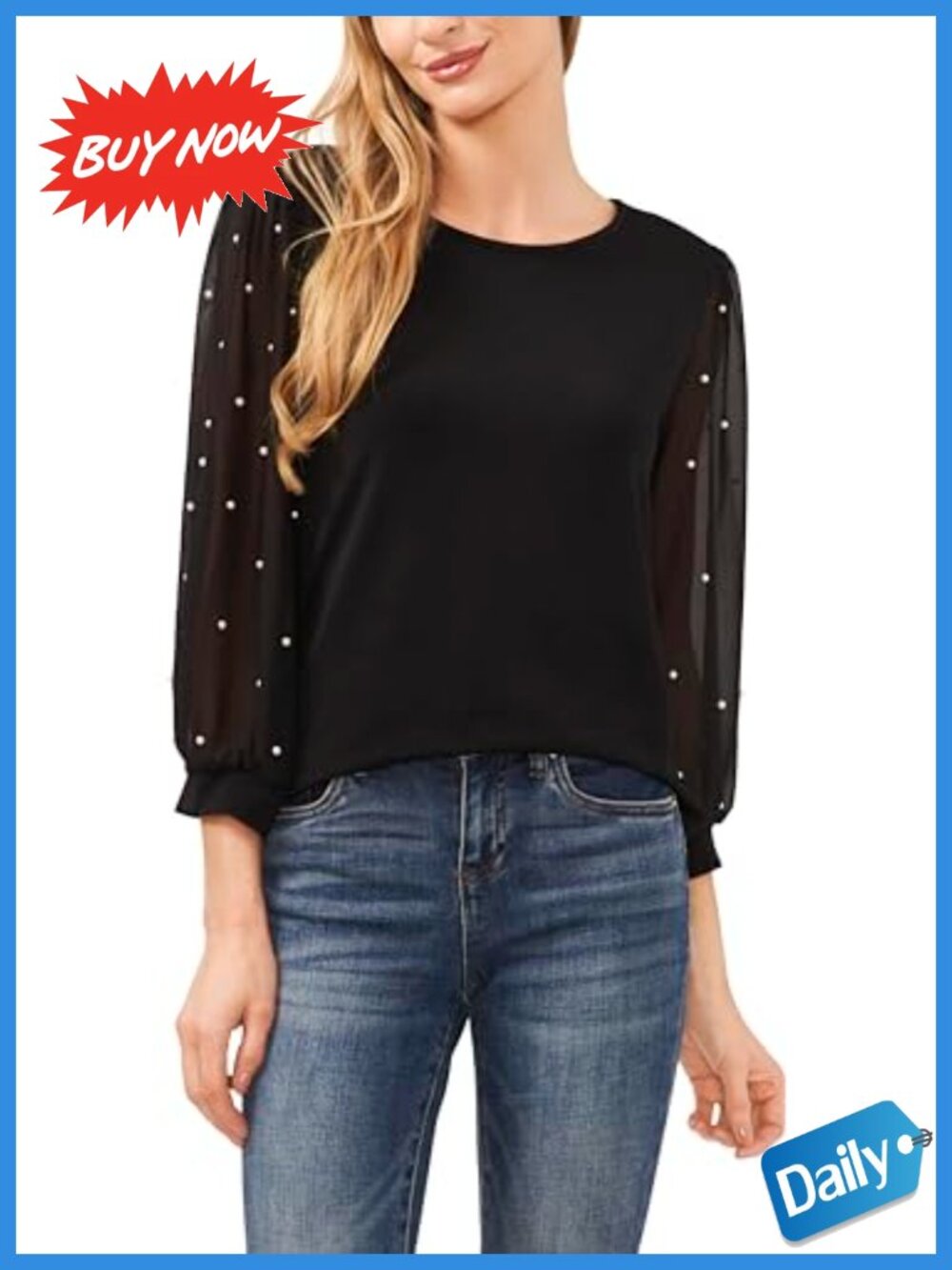 CeCe Long Sleeve Mixed Media Crew Neck Top